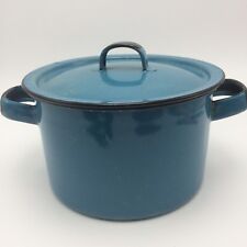 Vtg Turquoise Blue Granite Enamel Ware Pan Pot w Lid 2 Qt 2 Handles Farmhouse picture