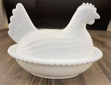 Vintage Indiana Milk Glass Chicken Hen on Beaded Nest White Candy Dish picture