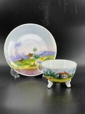 Miniature Porcelain Footed Tea Cup & Saucer Hand Painted Farm Scene Cows Vintage picture