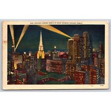 Vintage Linen Postcard 1940 Chicago Night Skyline Showing Chicago Temple IL picture