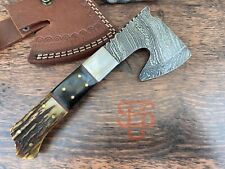 ✅ Genuine Custom Handmade Damascus Axe Steel Bolster, Stag and Buffalo Horn  picture