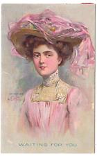 c1908 Artist Signed E.H. Kiefer~Pretty Lady in Pink Hat & Dress~Vintage Postcard picture