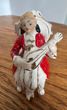 VINTAGE MAN IN RED & WHITE SEATED PLAYING GUITAR FIGURE W/ GOLD TRIM JAPAN picture