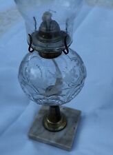 Vintage Clear Etched Glass Oil Lamp GEM Burner Brass/Marble Base Clear Chimney  picture