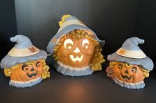 VTG 85’ Pumpkin Scarecrow Set Light up Ceramic Head W/2 Matching Candy Dishes picture