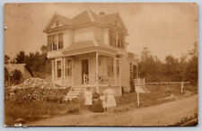 Family Picture in front of Colonial Home RPPC Real Photo Postcard VTG picture