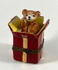 Peint Main Limoges France La Gloriette Trinket Box Teddy Bear In Red Gift Box picture
