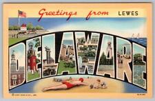 GREETINGS FROM LEWES DELAWARE VINTAGE LINEN LARGE LETTER POSTCARD UNUSED picture