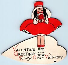 c1940s Cute Girl Flying Skirt Dress Valentine's Day Card Die Cut Black Hair 1H picture