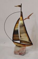 Vintage 70s Brass Nautical Sailboat Sculpture on Marble Base Artist Signed 9.5