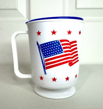 Vintage 1980s Plastic coffee mug USA US Flag cup with lid patriotic American picture