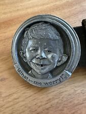 MAD MAGAZINE ALFRED E NEUMAN PEWTER BELT BUCKLE SIZE 34 REPLACEABLE LEATHER 1993 picture