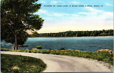 Vtg 1930s View of Long Lake 9 Miles from Alpena Michigan MI Linen Postcard picture