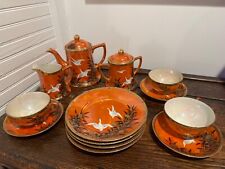 13 Piece Vintage Handpainted Orange and Gold Nippon Moriage Flying Geese Tea set picture