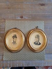 2 Vintage BORGHESE VICTORIAN FASHION LADY PRINT OVAL PICTUREs GOLD  picture