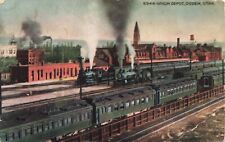 Postcard UT Ogden Train Locomotives Union Depot Railways Passenger Cars Foamers picture
