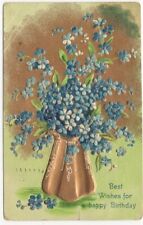 Best Wishes for Happy Birthday Blue Flowers Gold Vase Antique Postcard Embossed picture