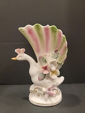 Vintage White, Pink & green SWAN VASE WITH BIRD AND FLORAL PATTERN picture