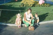 1972 Woman Mom + Kids Girl Boy Sitting on Curb Outside Vintage 35mm Slide picture