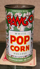 1950S VINTAGE BANG-O WHITE POP CORN ADVERTISING TIN LITHO CAN SCHALLER IOWA 10OZ picture