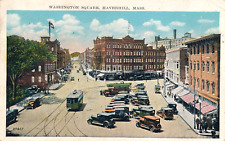 Washington Square in Haverhill, MA with street car 1932 posted postcard picture