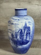 Antique Vintage Delft Vase Ceramic Blue White Houses 7 7/8” High picture