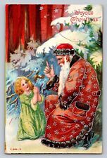 c1910 Brown Orange Santa Claus Praying Child Outdoors Snow Merry Christmas P589 picture