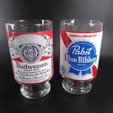 2 Extra Large Glass Beer Glasses Budweiser and Pabst Blue Ribbon Advertisement picture