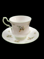 Vintage 1970 Royal Dover Teacup & Saucer Ribbed GREEN Trim White Flowers England picture