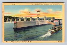 Gallipolis OH-Ohio, Super Locks Dam On Ohio River Steamer Vintage c1940 Postcard picture