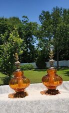 Vtg MCM Mid Century Modern Amber Glass Table Lamps without Shades picture