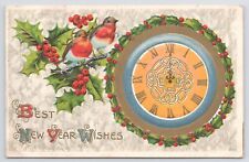 New Year~Large Gold-Blue-Holly Midnight Clock~Birds On Holly Branch~Emb~1912 PC picture