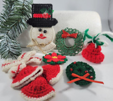 Vintage Christmas Holiday Handmade Artisan Brooch Pin Lot Crochet Bells Snowman picture