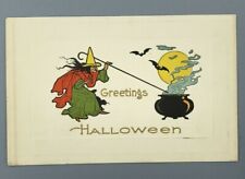 1915 HALLOWEEN WITCH with a BOILING CAULDRON Bats MOON Antique POSTCARD Pan Expo picture