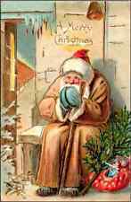 Brown Robe Santa Claus on Bench~Mittens~Toy Sack~Antique Christmas Postcard~k208 picture