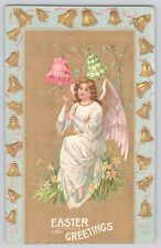 Postcard Easter Angel Ringing Bells Flowers Embossed Gold Ink Gilt Antique c1908 picture