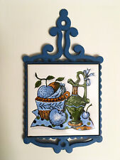 Vintage Blue Cast Iron Footed Tile Trivet Fruit Wine Made In Japan MCM 12 Tall picture
