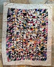 Vintage 1930s Childs Handmade Quilt Striking Colors Feather Stitched + Log Cabin picture
