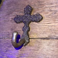 Vintage Rustic Distressed Decorative Cast Iron Wall Cross with Hook 5 Inch picture