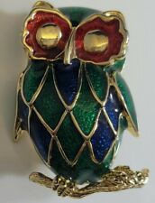 Owl Pin  Fall Gold Tone Autumn Brooch Enamel Red Blue Green Adorable HEFTY picture
