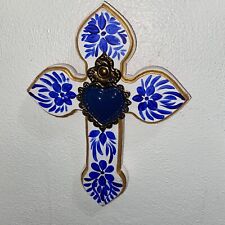 Wooden Cross With Tin Heart 12”. Talavera Color  Painted. Cruz y Corazón. picture