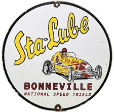 VINTAGE STA-LUBE PORCELAIN SIGN GAS STATION BONNEVILLE RACE TRACK GREASE OIL picture