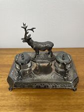 Antique Silver Plated Stag W/double Inkwell picture