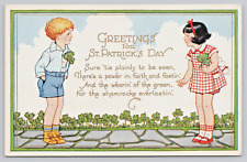 Postcard St Patrick's Day Greeting Poem Boy & Girl with Shamrocks Embossed picture