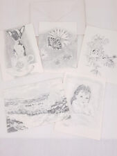 Vintage Ann Adams Note Cards Pencil Art Set of 5 Chihuaha Butterfly Birds picture