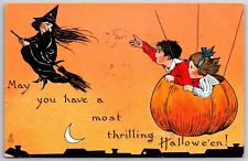May You Have Thrilling Halloween Kids in Pumpkin Witch Flying PM 1912 picture