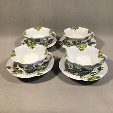 PV07086 Vintage Cantagalli Italy HP BLUE ORANGE FLORAL Cup & Saucer - 4 sets picture