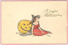 VINTAGE HALLOWEEN POSTCARD -SCARCE WOEHLER  -  RECLINING BEAUTIFUL WITCH / JOL picture