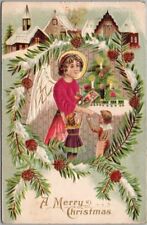 1910 MERRY CHRISTMAS Embossed Postcard Angel Girl / Real Cloth / Toys / Kids picture