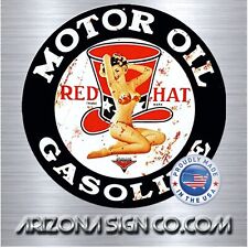 Retro Vintage Reproduction Design RED HAT MOTOR OIL Round Aluminum Sign 12